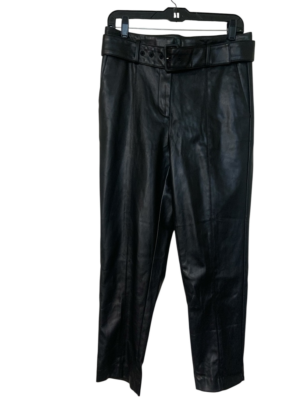 Ann Taylor Black Faux Leather Belted Straight Leg Pants Casual Cyber Goth Grunge